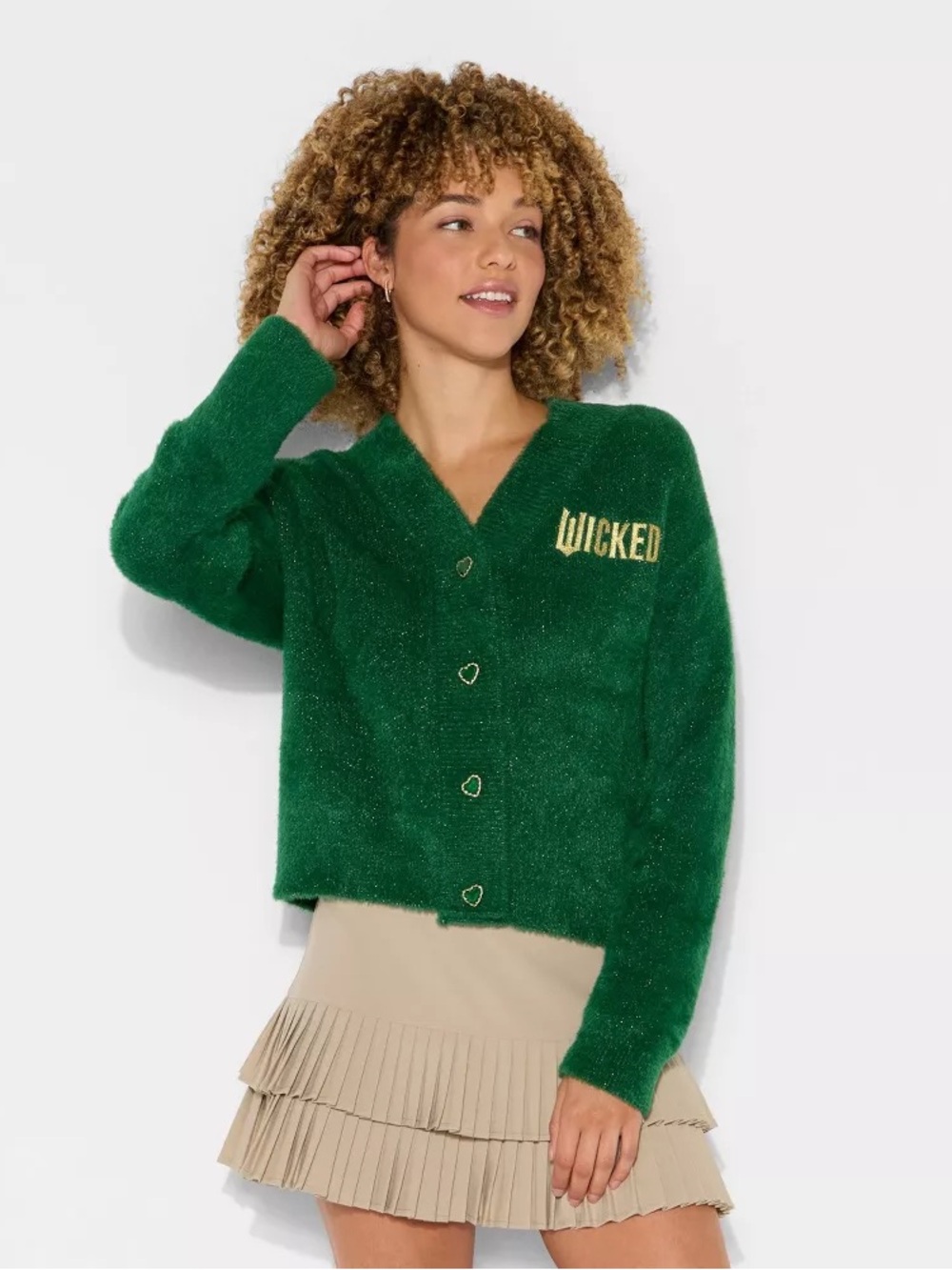 Katie Kime Green 'WICKED' Heart-Button Cardigan Sweater